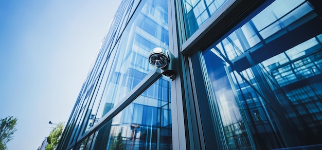 Photo modern security camera monitoring glass facade of commercial building on clear day