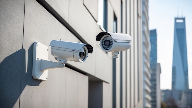 Modern security cameras mounted on a building39s exterior in an urban setting