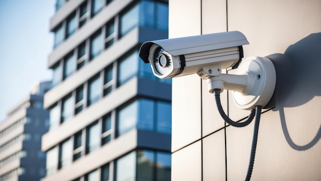 Modern security cameras mounted on a building39s exterior in an urban setting