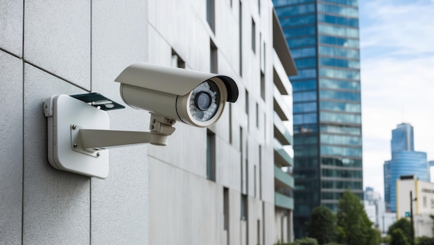 Modern security cameras mounted on a building39s exterior in an urban setting