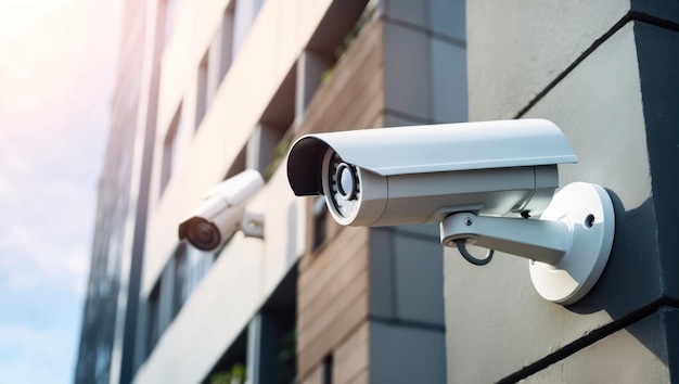 Modern security cameras mounted on a building39s exterior in an urban setting