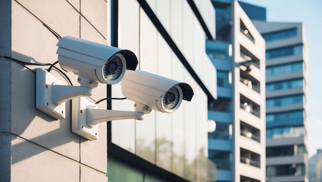 Modern security cameras mounted on a building39s exterior in an urban setting