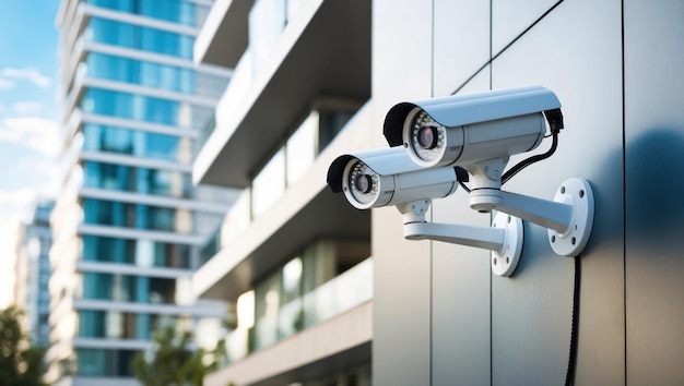 Modern security cameras mounted on a building39s exterior in an urban setting