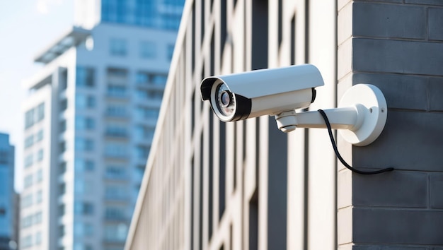 Modern security cameras mounted on a building39s exterior in an urban setting