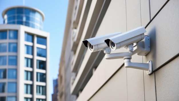 Modern security cameras mounted on a building39s exterior in an urban setting