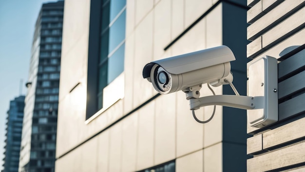 Modern security cameras mounted on a building39s exterior in an urban setting