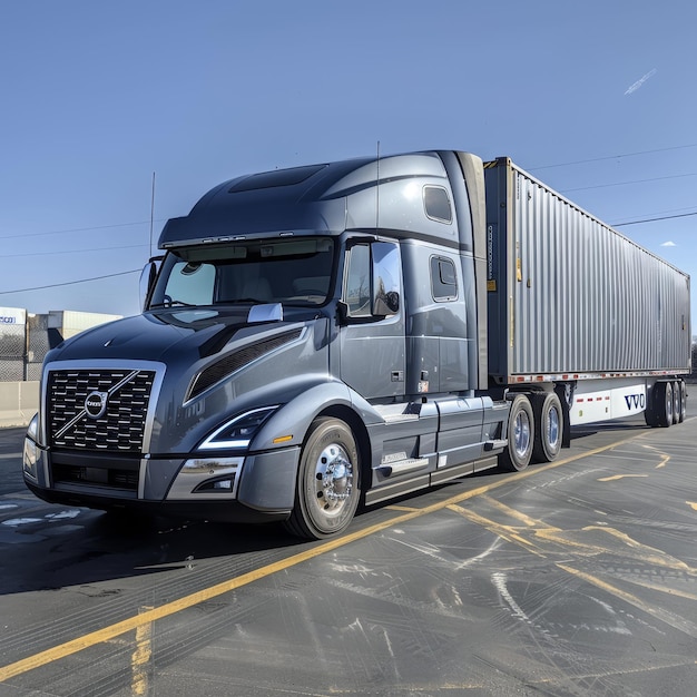 A modern semitrailer truck stands in a parking lot