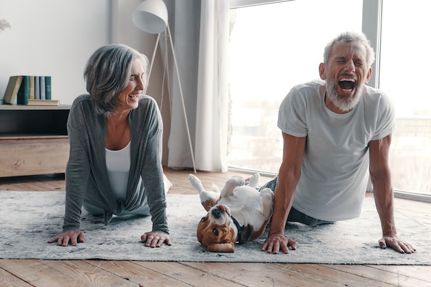 Modern senior couple in sports clothing doing yoga and smiling while spending time at home with their dog