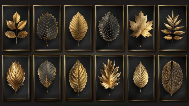 Modern set of gold line leaf cards square luxury design patterns borders frames Use on packages social media posts invitations banners flyers and labels