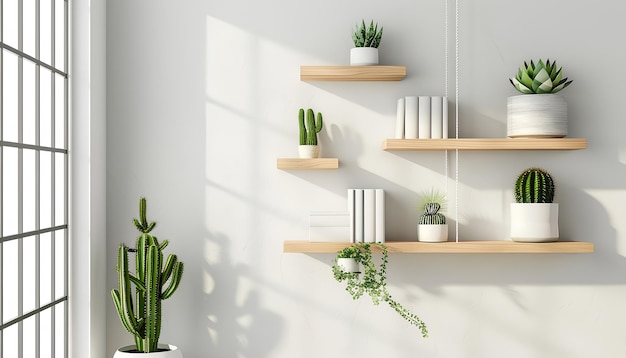 Modern shelves with books and cacti hanging on light wall