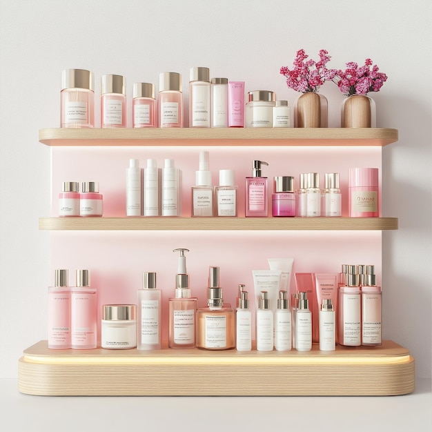 Photo modern shelves with skincare products and flowers