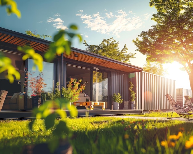 Modern shipping container house for sustainable living in a sunny and eco friendly home environment