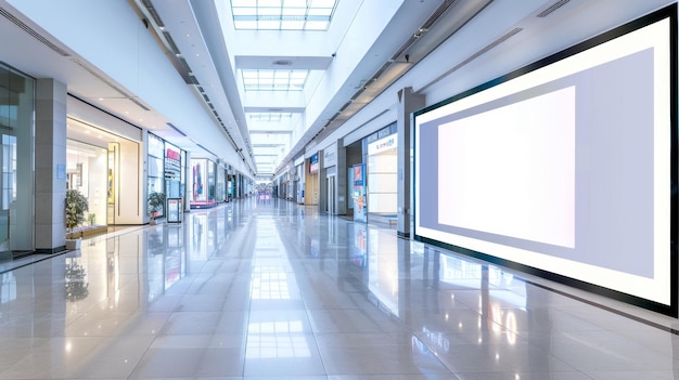 Modern shopping mall interior with blank ad display