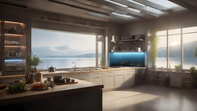 Modern simple kitchen with a view of the lake in front of it