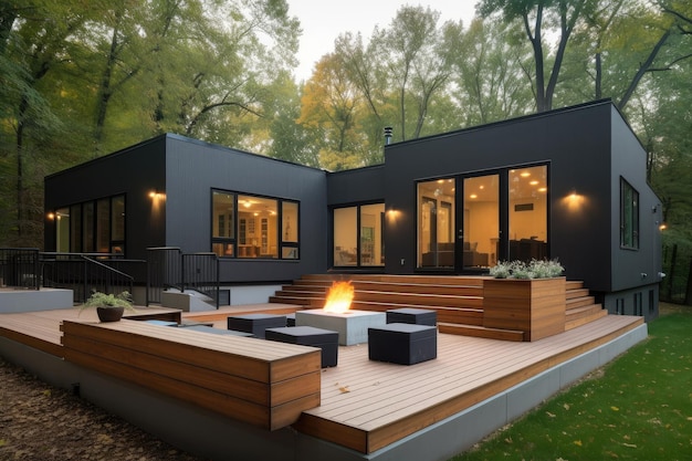 Modern singlefamily home with exterior deck outdoor seating and fire pit created with generative ai