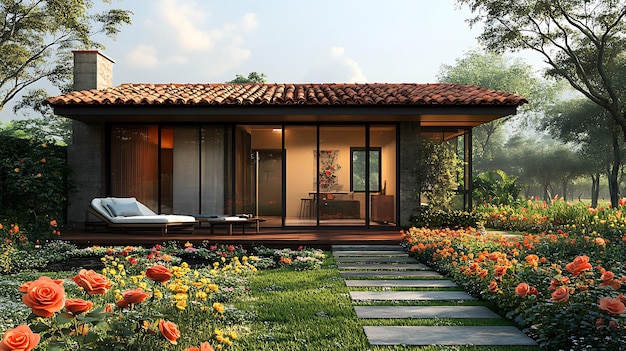 Modern singlestory house with a red tile roof and large windows set in a lush garden with a stone path leading to the front door