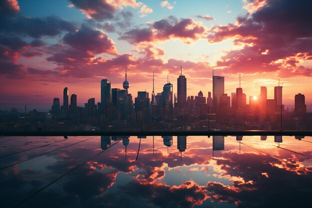 A modern skyline with glass skyscrapers bathed in sunset hues