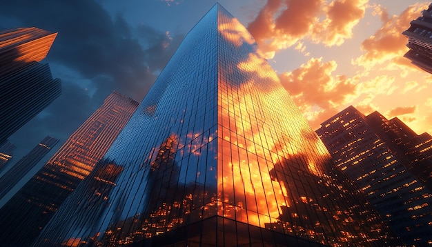 Photo modern skyscraper at dusk with glass facade reflecting sunset clouds