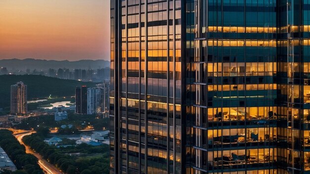 Modern skyscraper illuminating the cityscape at dusk with nature reflection