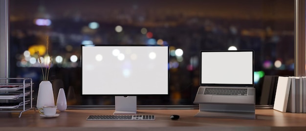 Photo a modern skyscraper office at night with a computer and whitescreen laptop mockup on a desk