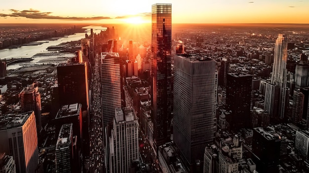 A modern skyscraper piercing the skyline at sunset