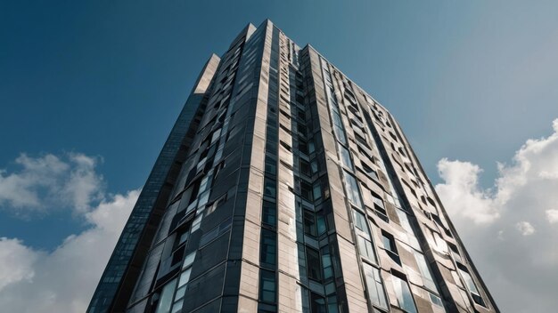 Modern skyscraper reaching into a cloudy blue sky