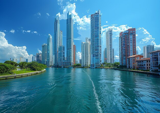 Modern Skyscrapers Along Urban Waterfront