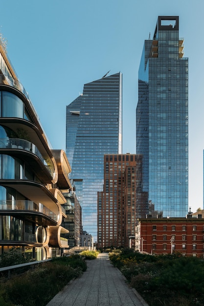 Modern skyscrapers and traditional architecture along the high line