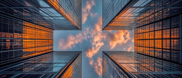 Modern skyscrapers with glass reflections and sunset sky view looking up from the ground