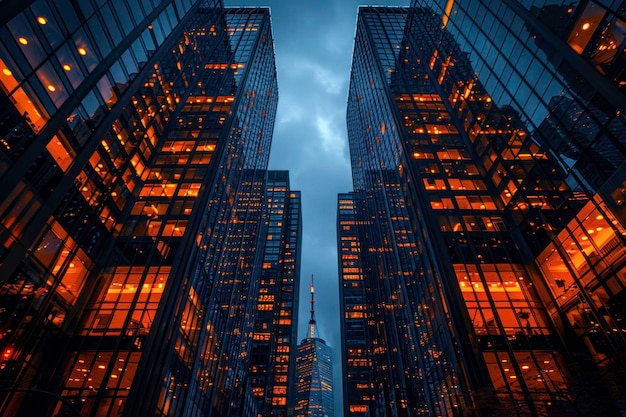 Modern skyscrapers with glowing lights during evening featuring a prominent tower in the background