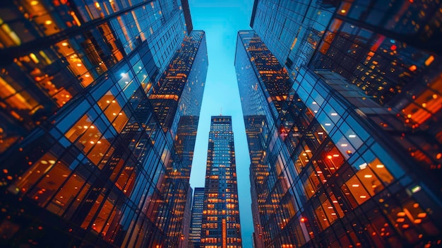 Modern skyscrapers with illuminated windows photographed from a low angle during twilight showcasing