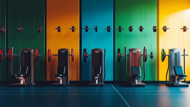 Photo modern sleek gym equipment in a row next to array of colorful doors