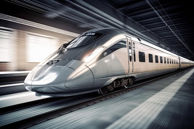 Modern and sleek highspeed train speeding along the tracks created with generative ai