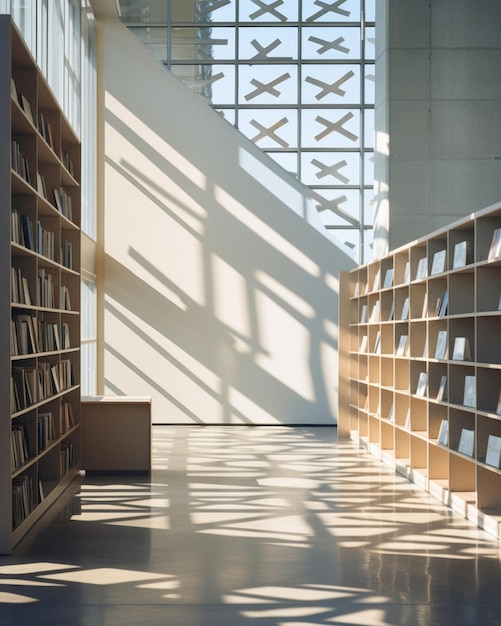 A modern and sleek interior of a school library featuring a large floortoceiling window The