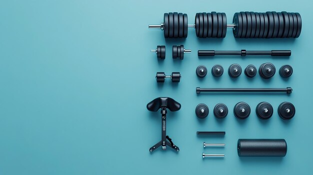 Photo modern sleek minimalistic aerial view of gym equipment with dumbbells