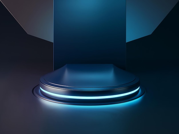 Photo a modern sleek pedestal or platform is dark likely blue with a glowing blue futuristic design