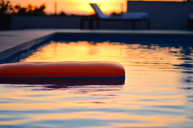 Photo a modern sleek swimming pool at sunset with a vibrant orange air mattress floating near the pools