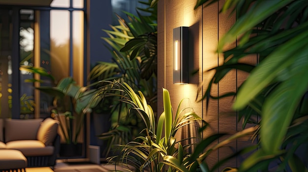 Photo a modern sleek wallmounted outdoor light fixture emits a warm glow in an open