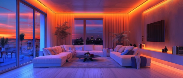 Modern Smart Lighting System Enhancing a Stylish Contemporary Living Room Ambiance