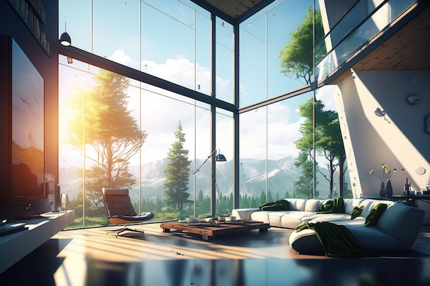 Modern smart living room with a futuristic touch plenty of natural light from big windows and a comfortable ambiance perfect for relaxation Generative AI