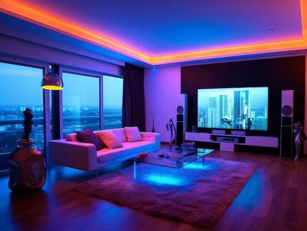 Modern smart living room with multicolor led light