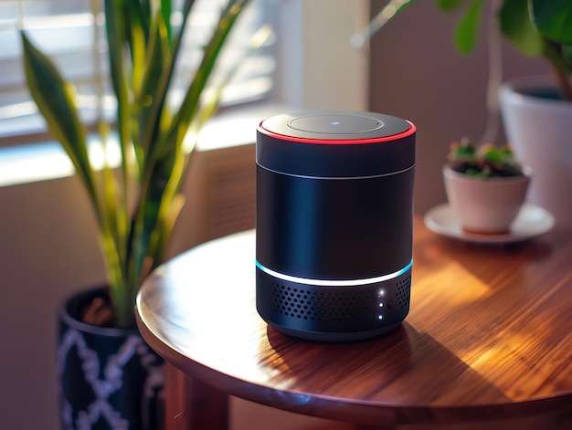 Modern smart speaker on a wooden table in a cozy room with plants and natural light perfect for a techfriendly home