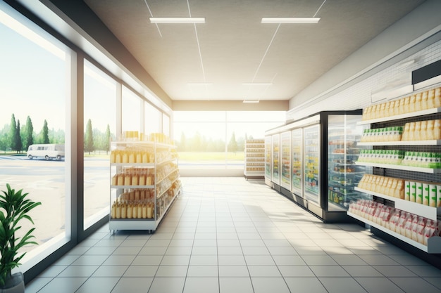 Modern smart supermarket with a futuristic design featuring large windows and a bright summer day Generative AI