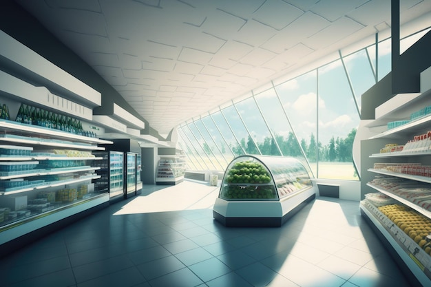 Modern smart supermarket with a futuristic design featuring large windows and a bright summer day Generative AI