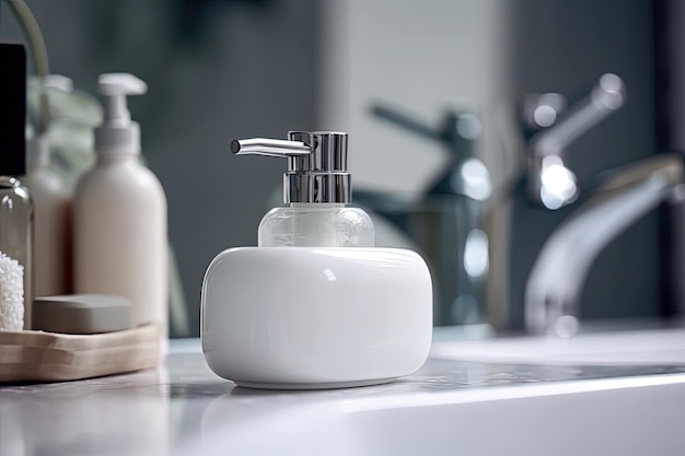 Modern soap dispenser with a sleek design on a white bathroom countertop created with Generative AI technology