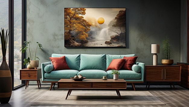 modern sofa in green velvet with ball wooden legs and mid century details photorealistic