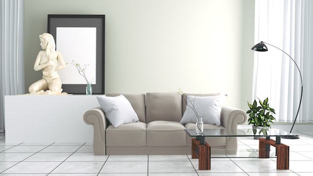 modern sofa living room with statue and empty grey wall background. 3D rendering