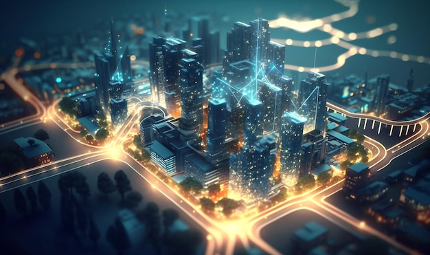 A modern and sophisticated representation of a smart city dot points connected by aesthetic wave lines conveying the concept of big data technology