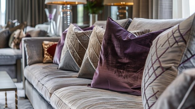 Photo a modern and sophisticated sitting area furnished with a lush grey sofa covered in velvet throws and adorned with eclectic patterned pillows the combination of textures elevates th