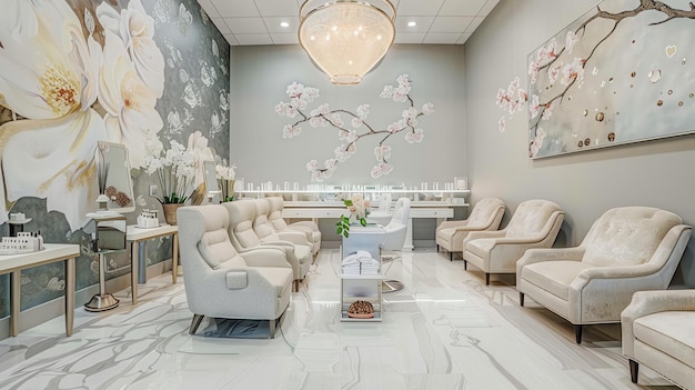 Photo a modern spa waiting area with white chairs and a floral design